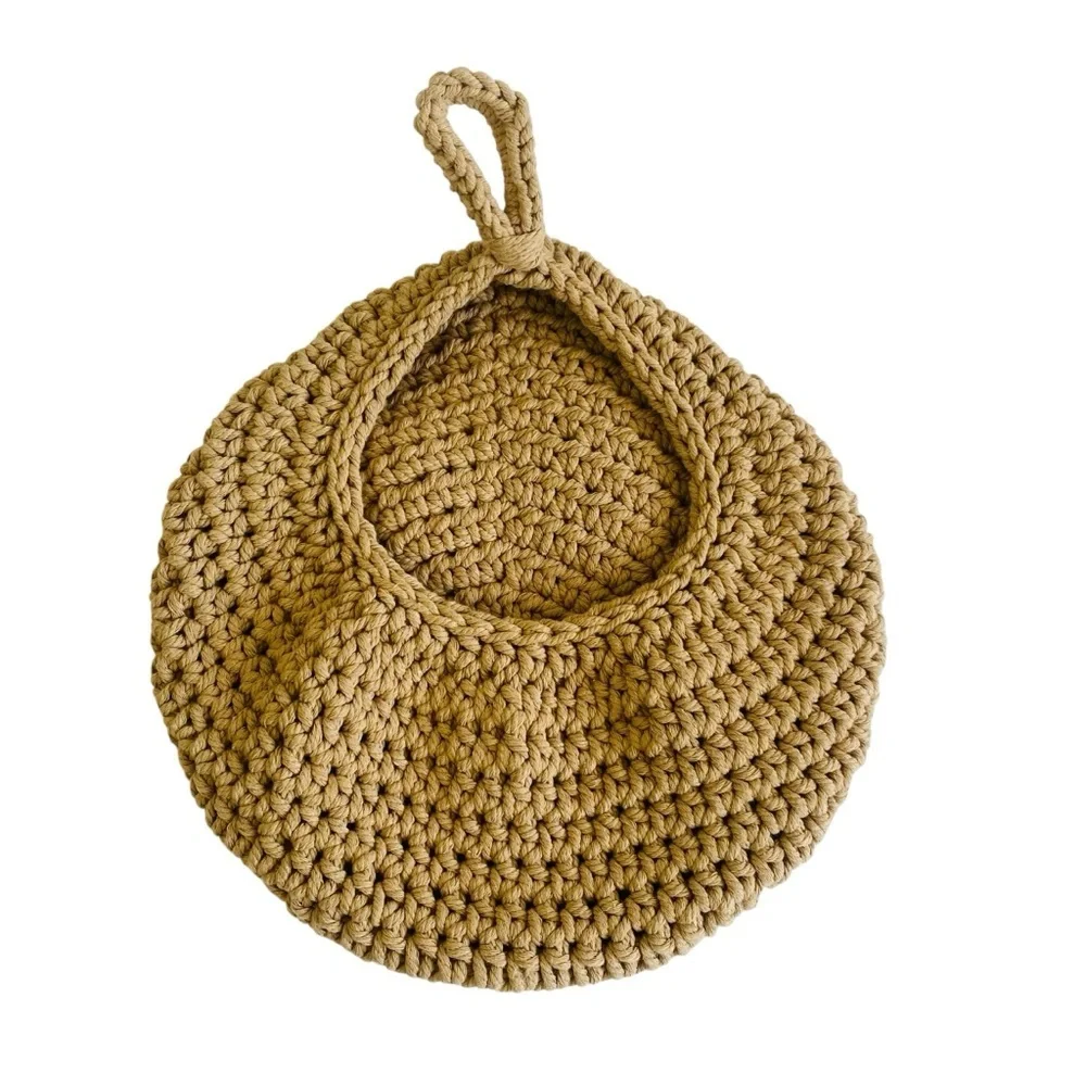 Hand Woven Crochet Boho Style Drop Hanging Fruit Basket Size 11” x 11”
